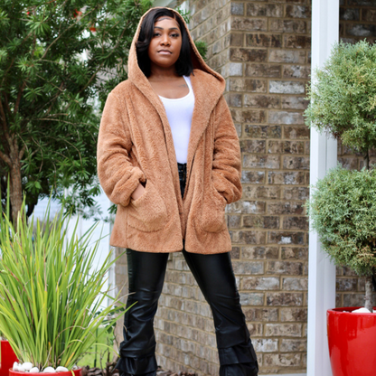 Faux Fur Hooded Jacket with Pockets - Deep Camel