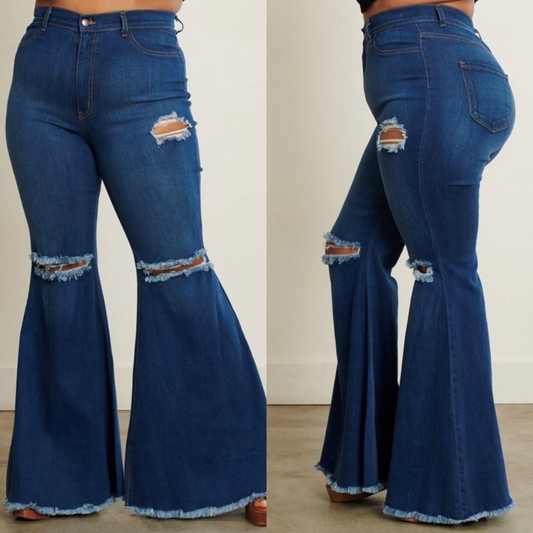 Plus Size Distressed Flare Jeans Medium Stone Color